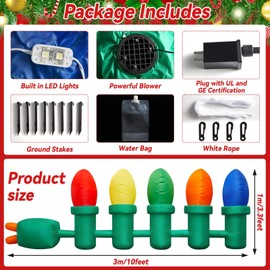 3.3 ft Tall 10 ft Long Giant Inflatable Christmas Light Bulb with LED Lights Outdoor Decoration Xmas Blow up Ornament Built in Automatic Blowers Weights for Outdoor Indoor Yard Garden Lawn Decorations