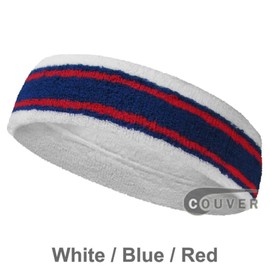 COUVER HB777 Long Thick Sports Basketball Headband for Large Head (1 Piece) White/Blue/Red