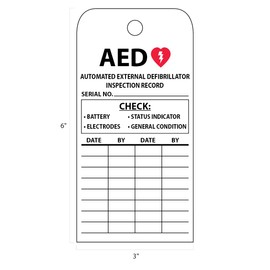 NMC AED Automated External Defibrillator Inspection Record Tag, Double-Sided, 25-Pack, 6" Height x 3" Width, Unrippable Material, Made in The USA, RPT43