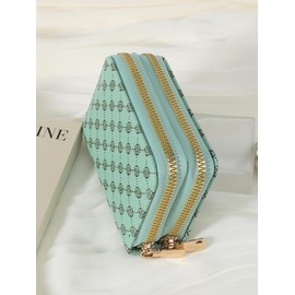 Women's Summer Retro Heart Print Double Zipper Around Coin Purse, Simple Multi-card Card Holder, Pu Leather Credit Card Wallet Storage Bag for Outdoors & Travel, Fall Outfits, Earthtone Fall Freshness:_Green_Please Refer To The Pictures for Dimensions