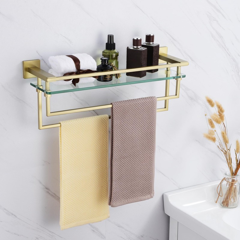 LANC Bathroom Glass Shelf with Towel Bars 20-Inch Floating Tempered