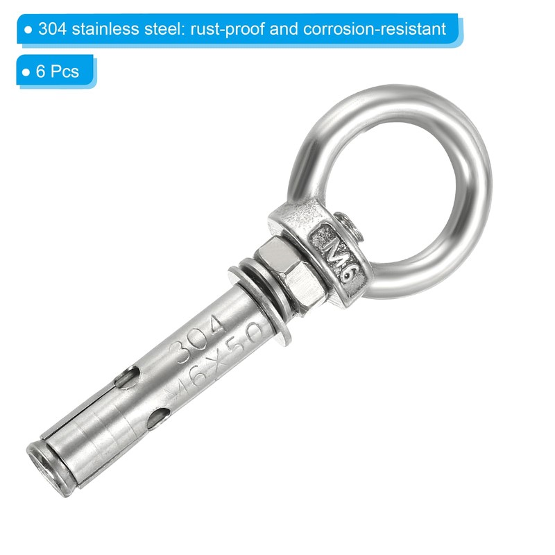 PATIKIL M6x50mm Extended Eye Bolts Pack of 6 304 Stainless