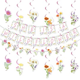 Wildflower Party Decorations Happy Birthday Banner Garland and Hanging Swirls Flower Party Decoration Set for Girls Baby Shower Birthday Party Supplies (White Wildflower)