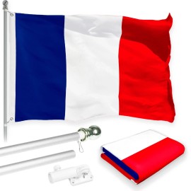 UD_G128 Combo Pack: 6 Feet Tangle Free Spinning Flagpole (Silver) France French Flag 3x5 ft Printed 150D Brass Grommets (Flag In