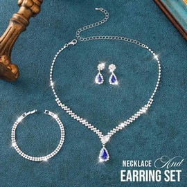 Unicra Rhinestone Bridal Wedding Jewelry Set Silver Crystal Necklace Earrings Sets Formal Costume Jewelry for Women and Brides (B-3 Pack Blue Necklace Bracelet Earrings)