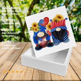 Patriotic 4th of July Decor Independence Day Sign Wooden Box Sign Sunflower Gnomes Desk Decoration Square Wood Sign Wood Block Plaque Box Sign for Shelf Home 5 x 5 Inches