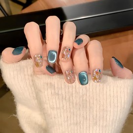 [NEURAD]ネイルチップ 30枚入マグネットタイプ レイクブルーキャットアイ × スワロフスキー ショート付け爪 夏向けショートネイル 人気 和風 かわいい 花嫁ネイル