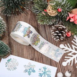 Holographic Snowflake Stickers,500pcs Winter Snowflake Roll Stickers Garland Christmas Tree Little Car Elk Xmas Label Tag Seal Sticker for Party Supplies Book Cards Water Bottles Decor