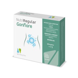NutriRegular Gonfiore – 28 Beutel mit Zitronen- und Ingwergeschmack – Stoppt Darmschwellungen – Karminative und Verdauungswirkung mit Bromelin, Carvi und Enzian – ohne Zucker, Gluten und Laktose