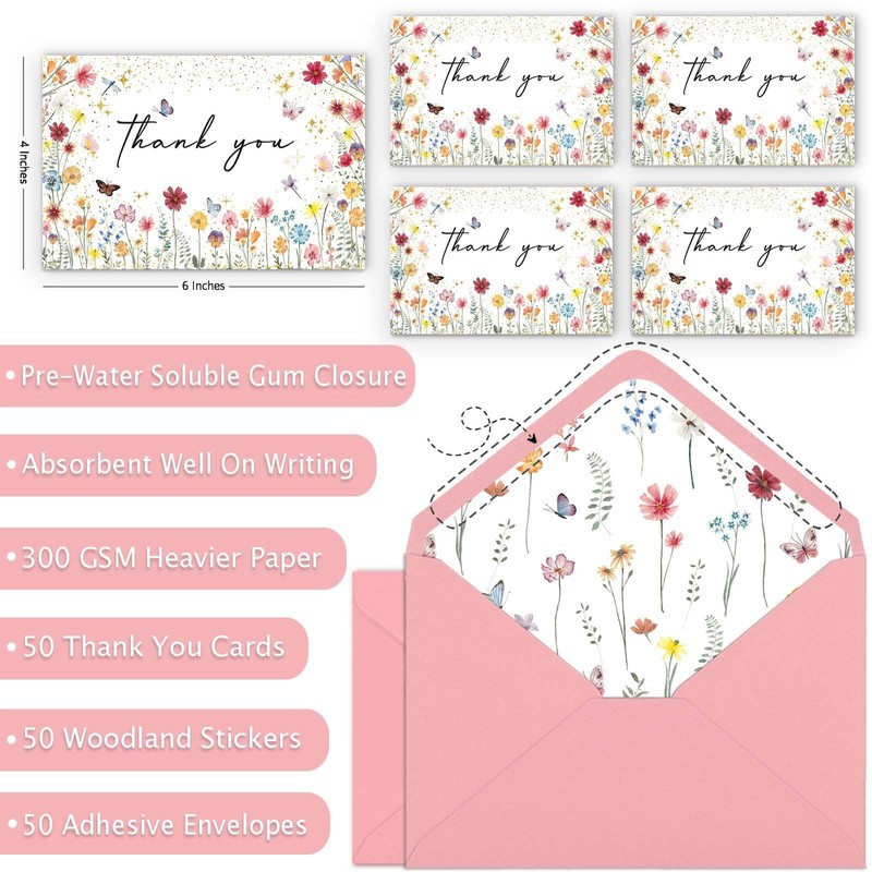 Yuzioey 50 Pack Wildflower Thank You Cards, 4x6 Wildflower Thank