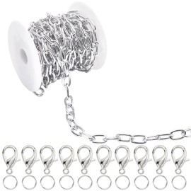 SOFPLATE 16 Feet / 5 m Cable Chain Jewellery Silver Chain Jewellery Making Aluminium Unwelded 11 × 19.5 mm Oval Link with Jump Ring and Lobster Clasp Chain Connector Kits for Jewellery Makers