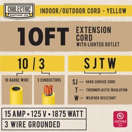 Cablectric 10 Ft Outdoor Extension Cord - 10/3 SJTW Heavy Duty Yellow 10 Gauge Lighted Electrical Cable with 3 Prong Grounded Plug