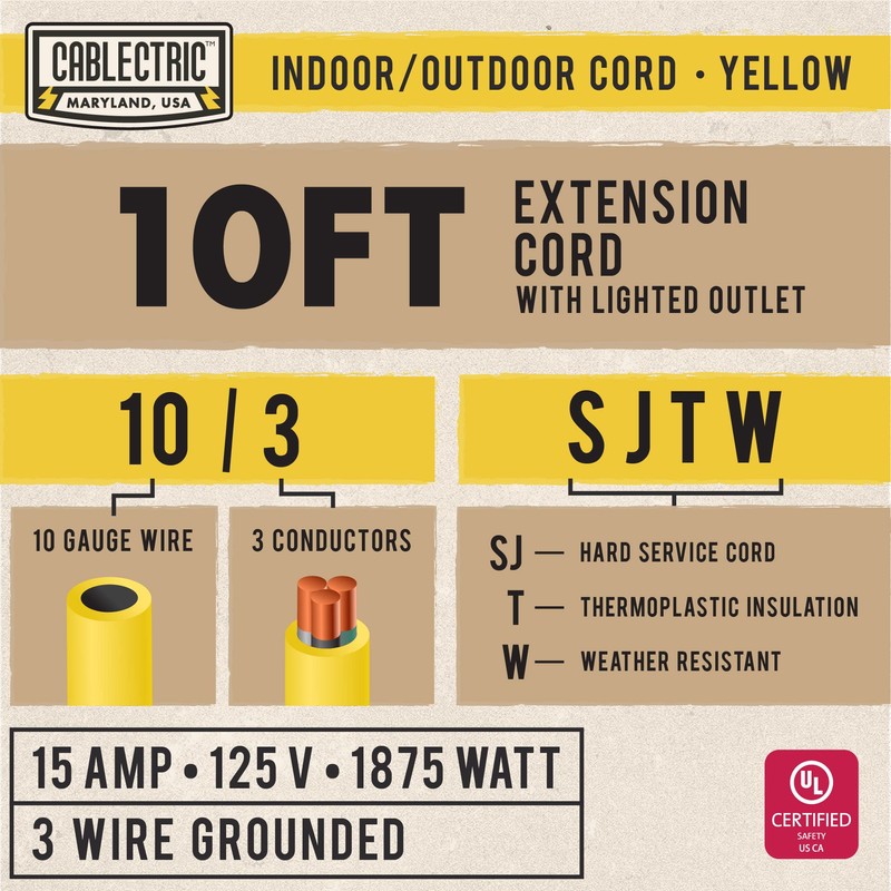 Cablectric 10 Ft Outdoor Extension Cord - 10/3 SJTW Heavy