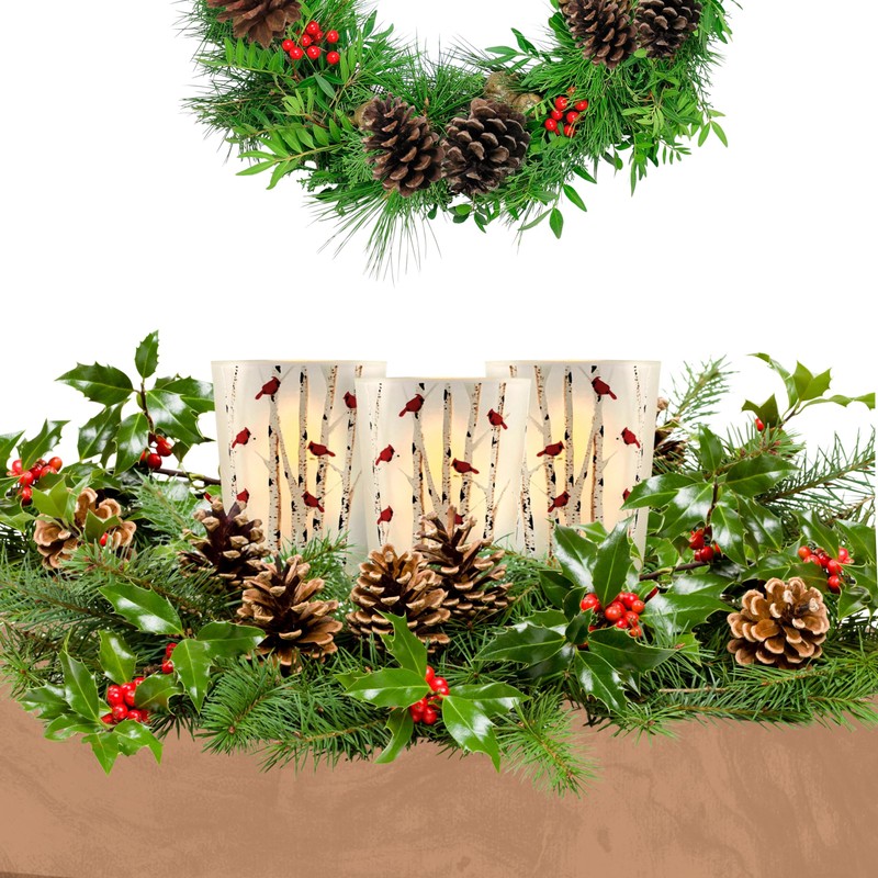 Cardinals Christmas Lighted Candle Holders - Cardinals on Birch Branches