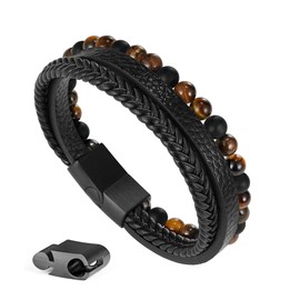 Mens Leather Bracelet - Black Leather Beaded Bracelets for Men Adjustable Mens Bracelets Beads Matte Agate Stone Tiger Eye Bracelet Men's Jewelry Birthday Gifts for Men Him Boyfriend