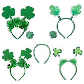 Needzo St. Patricks Shamrock Bopper Headbands, Festive Green Clover Hair Accessories, Glitter and Tinsel Details, One Size Fits Most (Pack of 5)