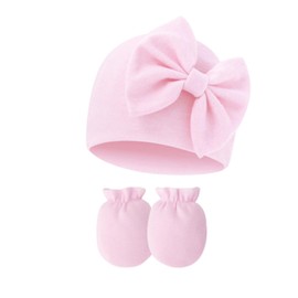 UTTPLL Newborn-Mittens-Hospital-Beanie-Scratch Gloves Set for 0-6 Months Big Bow Infant Caps Baby Girls Cotton Beanies Soft Cute Knot Nursery Headbands Hats Pink