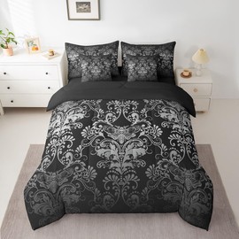 Erosebridal Gothic Damask 7 Piece Comforter Set Full Bed in a Bag,Exotic Moth Bedding Sets White Black Victorian Floral Goth Sheet Set with Comforter