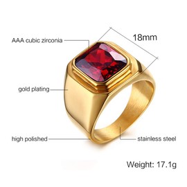 PMTIER Men's Stainless Steel Simple Gold Plated Ring with Square Red Gem Stone Size 7