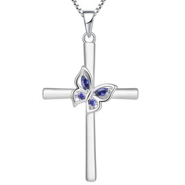 YL Butterfly Cross Necklace Sterling Silver Crucifix Pendant Created Tanzanite Criss Jewelry for Women