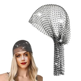 AWOCAN Mesh Rhinestone Headband Hats for Women Glitter Elastic Wide Headscarves Crystal Hair Wraps Scarf (Black)