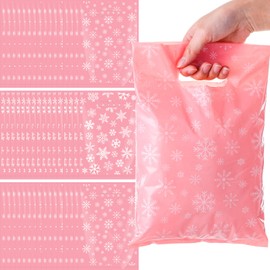 Saypacck 48 Pcs Christmas Plastic Gift Bags 8 x 12 Inch Snowflake Goodie Bags Winter Treat Bags with Handle Holiday Snow Merchandise Bag for Small Business Shopping Retail Xmas Party Favors(Pink)