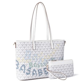 BASA BELA Large Handmade Laptop Tote Bag for Women, Stylish PU Leather Casual Commuter Bags for Women, Structured Waterproof Handbag for Daily Use with Detachable Strap Wristlet Wallet (off-white)