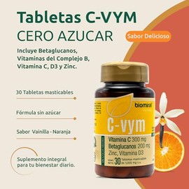 Biomiral C-VYM 30 Tabletas Masticables - Suplementos Alimenticios - Vitamina C, Betaglucanos, Vitamina D3, Zinc Y 7 Vitaminas del Complejo B - Sabor N
