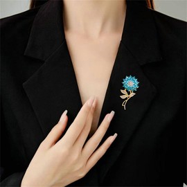Elegant Sunflower Rhinestone Flower Brooch for Women Gold-Toned Crystal Leaf Daisy Blossom Brooches Lapel Pins Dainty Dress Accessories Wedding Valentine Jewelry (Blue)