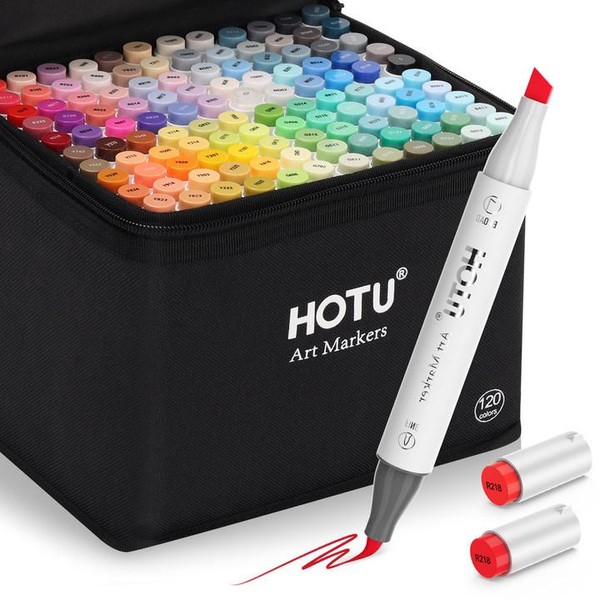 HOTU Dual Tip Alcohol Markers Set – 60/100/120 Colors, Fine/Brush