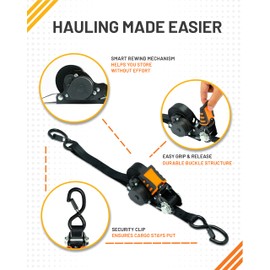Strapinno Retractable Ratchet Straps - 1 in x 12 ft Heavy Duty Tie Downs, 1800lbs Breaking Strength Each, S Hooks with Safety Clip, AutoRetract, for Moving, Motorcycle, Boat, Kayak, and Cargo (4 PCS)