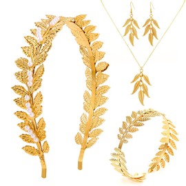 Sixexey Greek Goddess Costume Accessories Toga Laurel Leaf Headband Gold Upper Arm Cuff Leaves Necklace Earrings Jewelry for Women (4pcs)