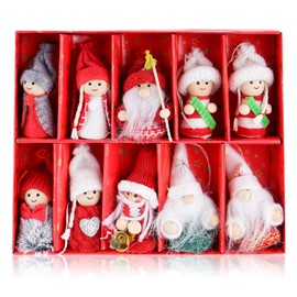 Wooden Christmas Gnomes, Pack of 10 Tree Pendants, Wooden Gnome for Hanging, 8 cm Pendant, Decoration, Wood, Cute Christmas Character Pendant in Gift Box, Red