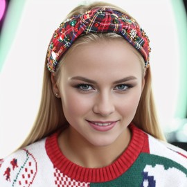 Gmmidea Christmas Crystal Knotted Headbands for Women Colorful Rhinestone Jeweled Headband Twist Wide Beaded Embellished Headband Sparkly Knot Party Festival Hair Band Red Plaid