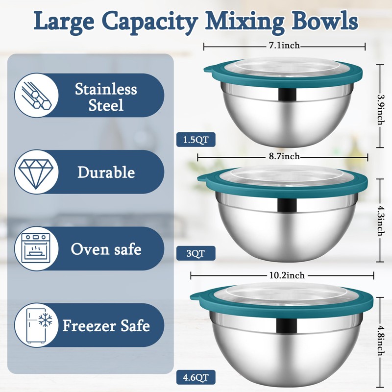 LIANYU Stainless Steel Metal Mixing Bowls, 3 Packs Deep Nesting