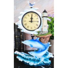 Ebros Gift Blue Nautical Marine Ocean Bottlenose Dolphins Family Near Lighthouse Swimming Over Current Waves Table Clock Under The Sea Life Desktop Clocks Figurine