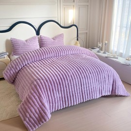 chovy Faux Rabbit Striped Plush Purple Fur Comforter Sets King - Ultra Soft Shaggy Flannel Velvet Fluffy Fuzzy 3PC Bedding Set （Comforter x 1 Pillowcases x 2）