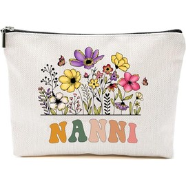 Nanni Wildflowers Gifts For Mother's Day Makeup Bags - Nanni Flower Gift Bags - Mom Birthday Gifts - Travel Cosmetic Bag For Birthday, White, 7”x9.8”