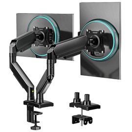 Dual Monitor Stand, Adjustable Monitor Desk Mount for 17″–32″ Computer Screens, Full Motion VESA 75x75/100x100 with C-Clamp & Grommet Aluminum Base, Each Arm Holds 4.4 to 20 lbs AX09DB201