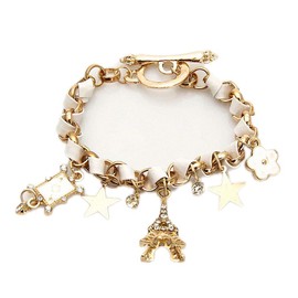 Womens Bracelet Flower Love Star Poker Eiffel Tower Flower Bracelet Fashion Elegant Leather Rope Crystal Woven Charm Bracelets Anklets for Women Gifts white