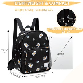 VASCHY Small Backpack for Women, Cute Mini Rucksack Fashion Lightweight Nylon Travel Backpack Purse for Ladies Teen Girls Black Daisy