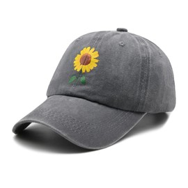 Women's Sunflower Hat, Adjustable Washed Embroidery Vintage Baseball Cap, Grey