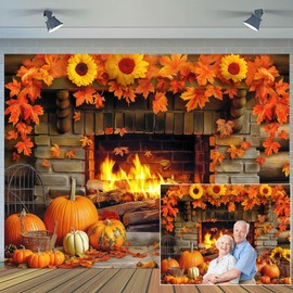 7 x 5 ft Fall Thanksgiving Fireplace Backdrop Autumn Harvest Pumpkin Brick Wall Photography Backdrops Maple Leaf Sunflower Thanksgiving Party Decorations Backdrop Photo Props Supplies