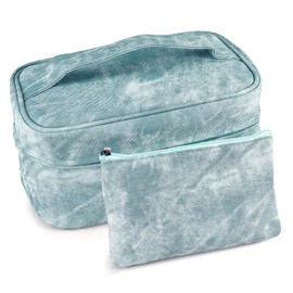 Huakaile PU Leather Makeup Bag with Zipper, Waterproof Large Capacity Makeup Organizer, Portable Travel Cosmetic Cases, Delicate Toiletry Bag for Women (Blue)