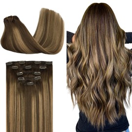 DOORES Hair Extensions Clip in Human Hair, 5pcs 80g 20 Inch Balayage Chocolate Brown to Caramel Blonde Real Clip in Human Hair Extensions Straight Natural Hair Extensions