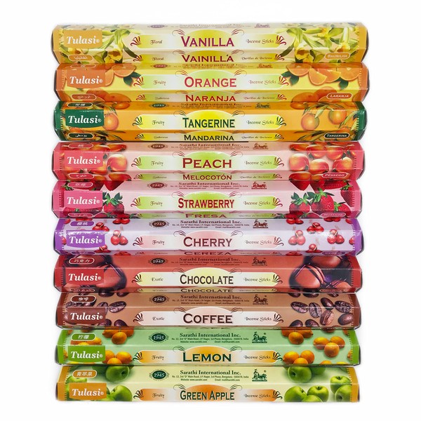 Pack of 12 Boxes of Natural Sweet and Fruity Incense Sticks - 6 Different Fragrances - Cinnamon, Vanilla, Coconut, Apple and More - Home, Meditation, Yoga, Spiritual - 240 Sticks