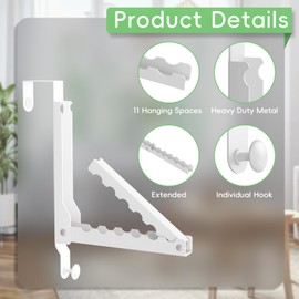 WLCSNG Over The Door Hooks, Extended Over The Door Clothes Hanger with 11 Ridges,Space-Saving Over The Door Rack,Door Hooks for Hanging Clothes,Larger Capacity Over The Door Hanger (2, White(Update))