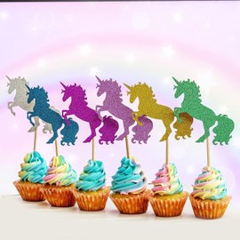 Confetti! Unicorn Cupcake Toppers (Pack 24) - Unicorn Party Glitter Colorful Cupcake Toppers Supplies - Baby Shower Girls Party Dessert Food Picks Decorations