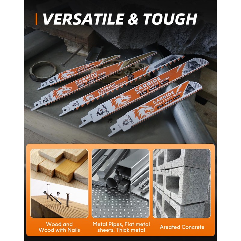 5 Pack Carbide Reciprocating Saw Blade Set, Premium Metal Blades