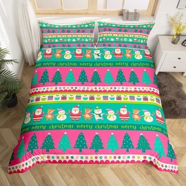 Christmas Bedding Set Cute Snowman Santa Claus Deer Comforter Cover for Kids Christmas Tree Xmas Theme Duvet Cover Breathable Pink Geometric Stripes Bedspread Cover Room Decor Quilt Cover Single Size